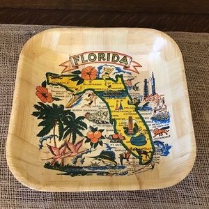 Vintage mid century handwoven bamboo Florida state map bowl.